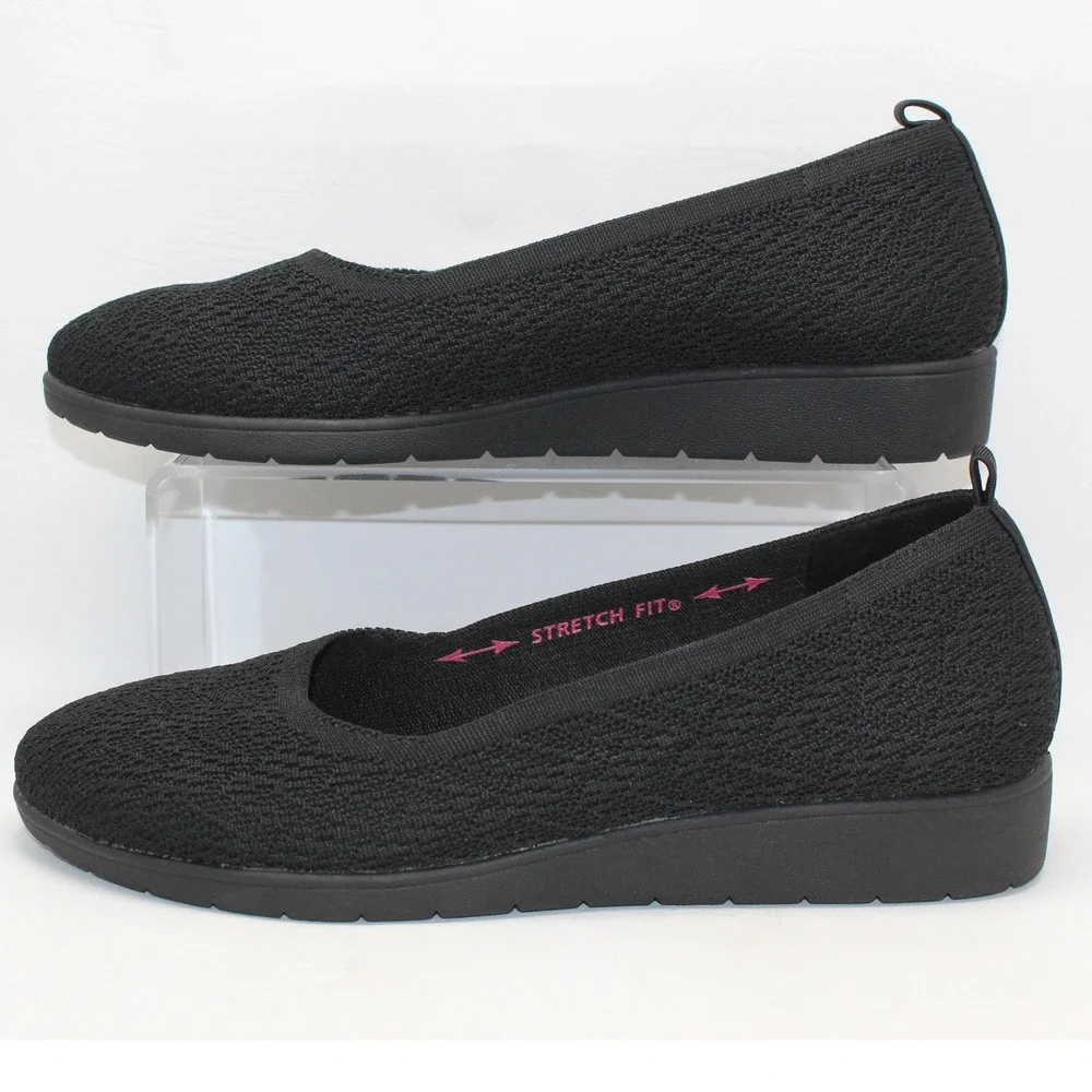 Skechers Stretch Fit Black Knit Slip On Flats Air Cooled‎ Memory Foam Womens 10